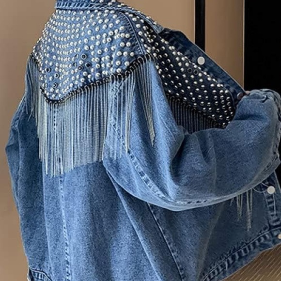 826. LAST 1! Denim Boho Rhinestone Studd  Country Fringe Jacket CLEARANCE - Picture 2 of 9